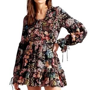 Ted Baker Floral‎ Print Mini Dress Size XS Long Sleeve Ruffle Trim Tie Neck Boho